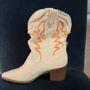 Cream Western Ankle Boots with Orange Embroidered Detail